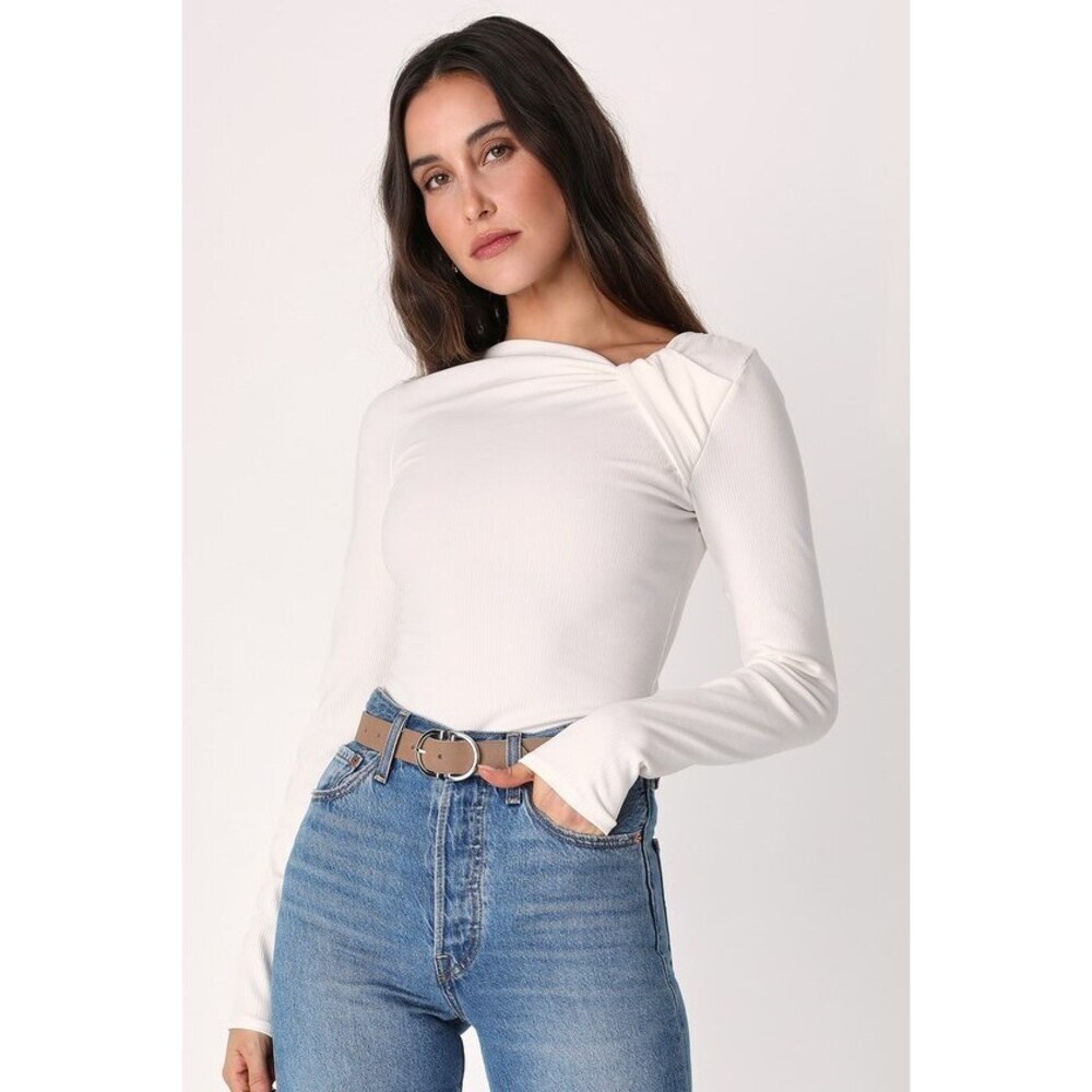 Lulus Always My Best White Ribbed Asymmetrical Long Sleeve Bodysuit - Size M